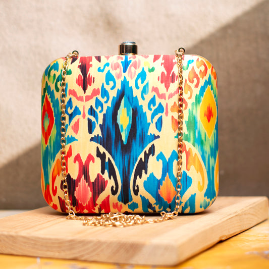 Yellow Based Multicolour Ikkat Printed Clutch