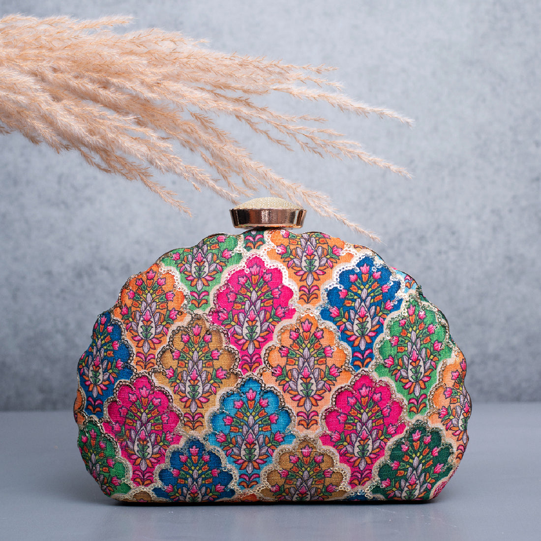 Artklim Mutlicolored Pattern Printed Golden Zari Embroidery Clutch