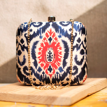 Blue And Red Ikkat Printed Clutch