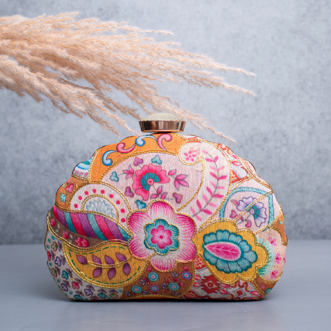 Artklim Light Pink Based Floral Printed Golden Zari Embroidery Clutch