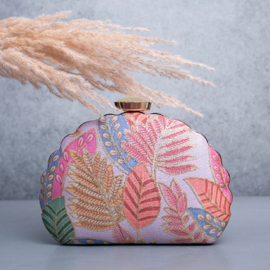 Artklim Pink Based Pattern Printed Golden Zari Embroidery Clutch