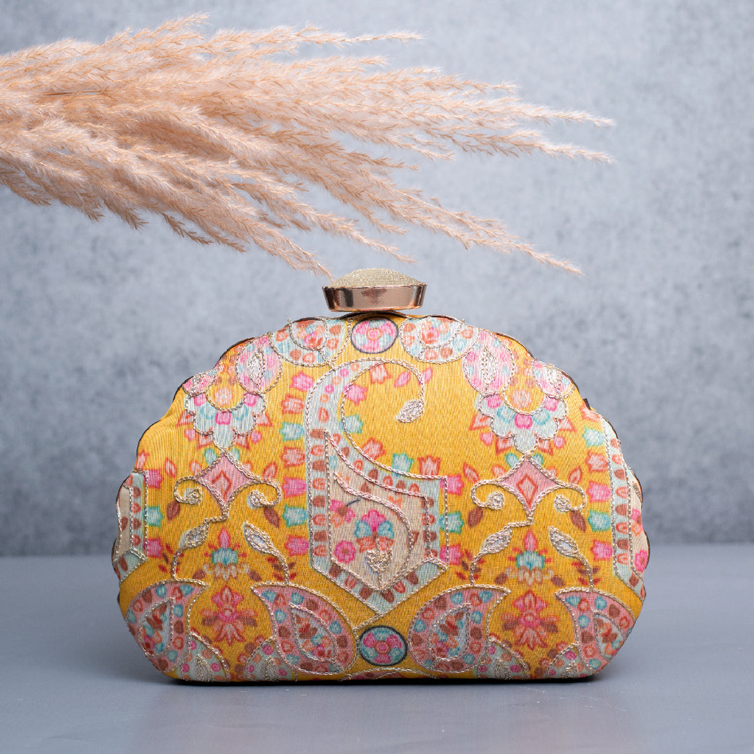 Artklim Yellow Based Pink Printed Golden Zari Embroidery Clutch