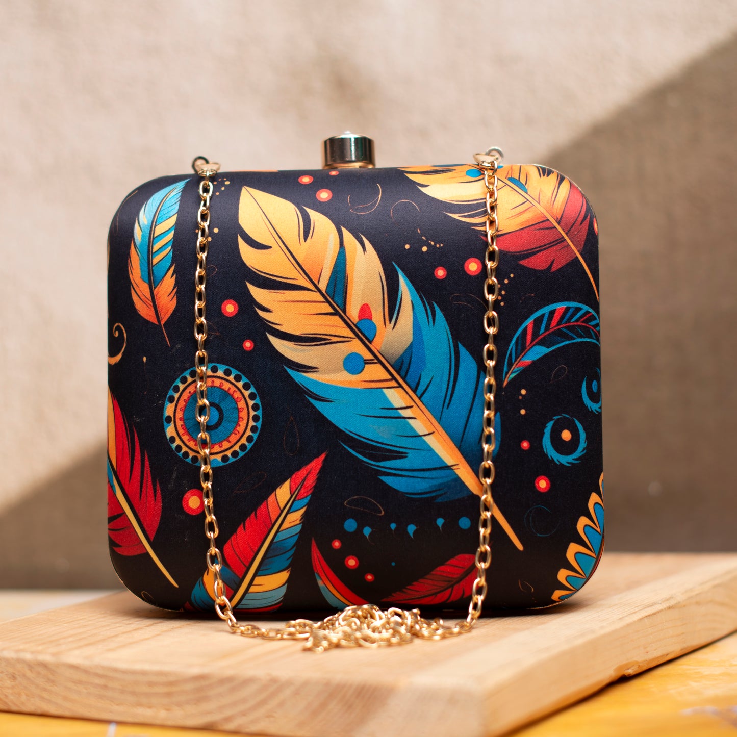 Black Based Feather Printed Clutch