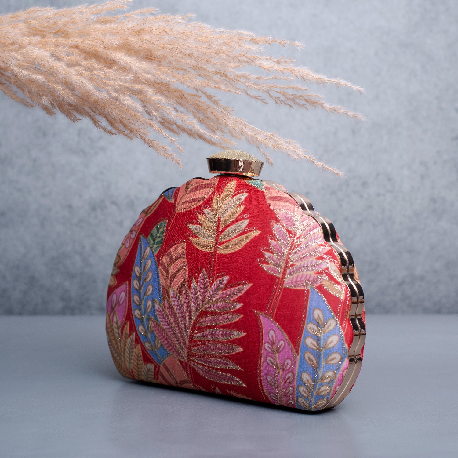 Artklim Red Based Multicolored Pattern Printed Golden Zari Embroidery Clutch