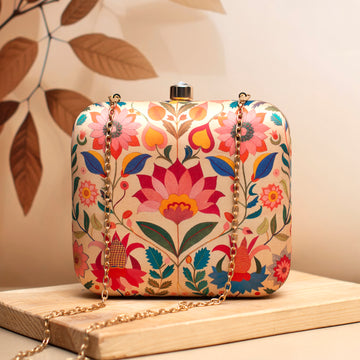 Beige Based Floral Printed Clutch