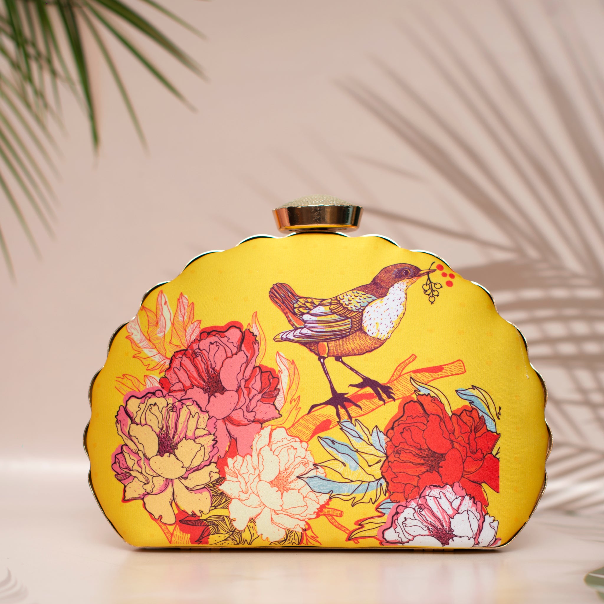 Artklim Yellow Backdrop Bird Printed D-shape Clutch