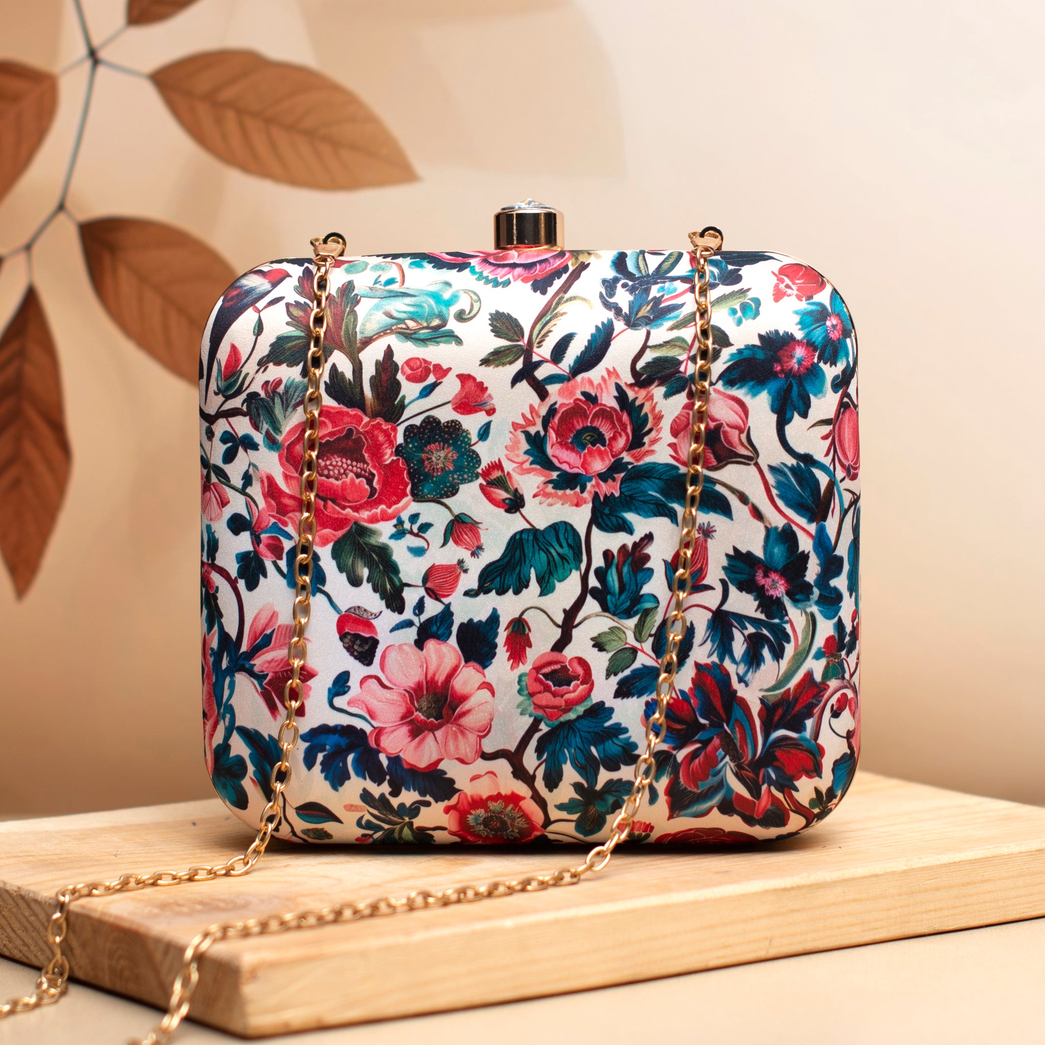 White Based Pink Floral Printed Clutch