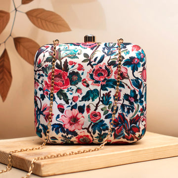 White Based Pink Floral Printed Clutch