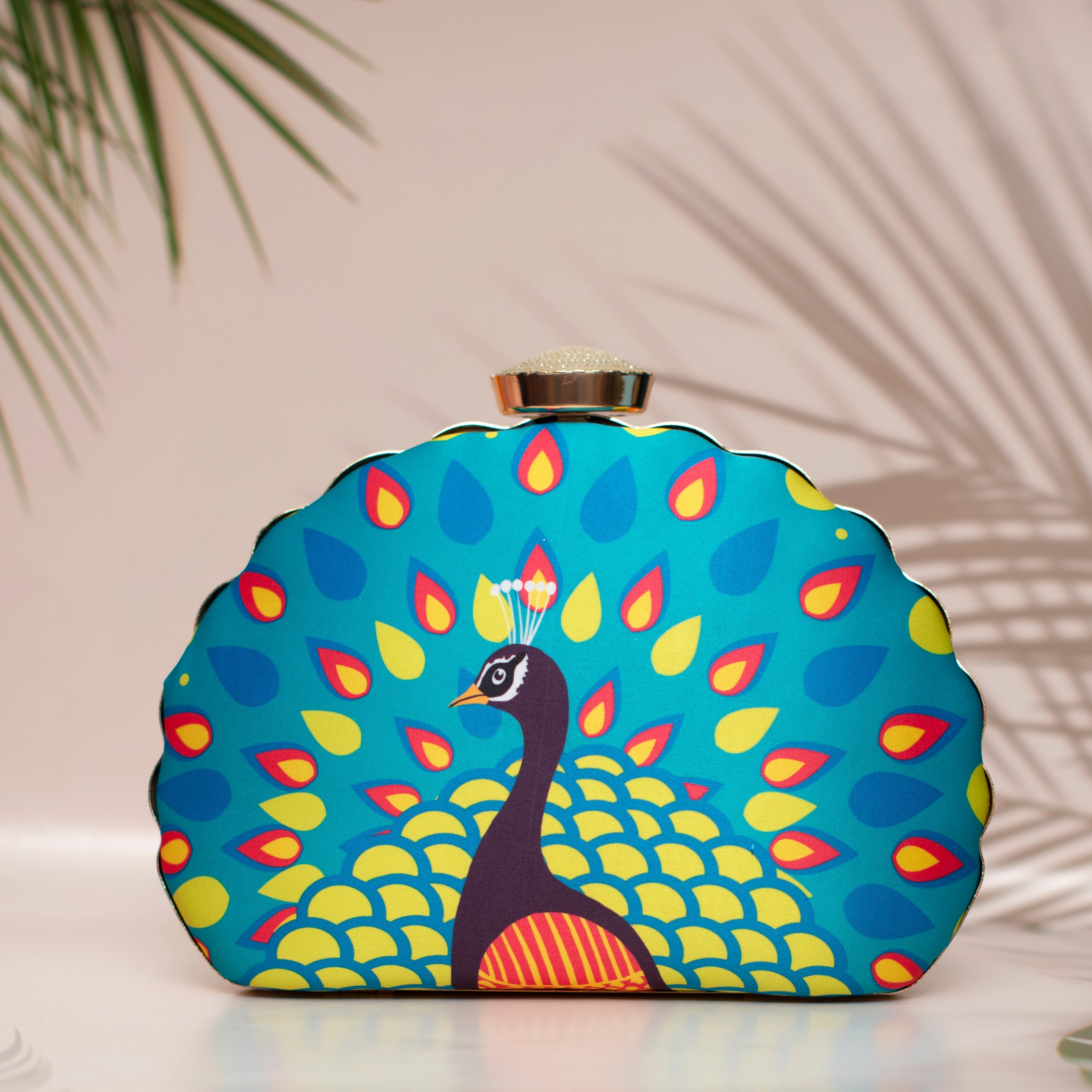 Blue Peacock Printed D-shape Clutch