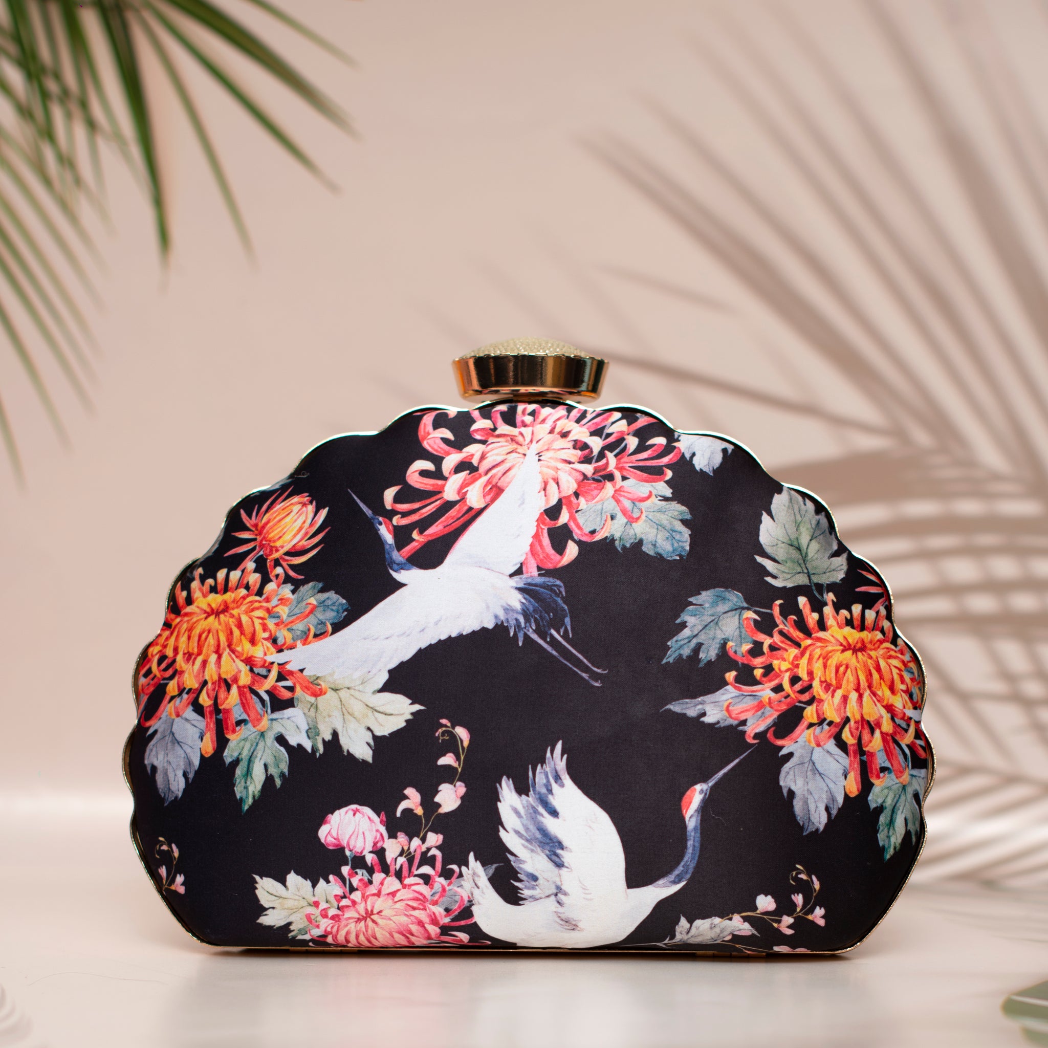 Artklim Black Floral Printed D-shape Clutch