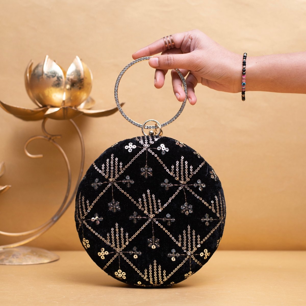 Artklim Black Based Rosegold Sequins Embroidery Clutch