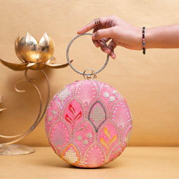 Artklim Pink Based Silver Sequins Embroidery Clutch