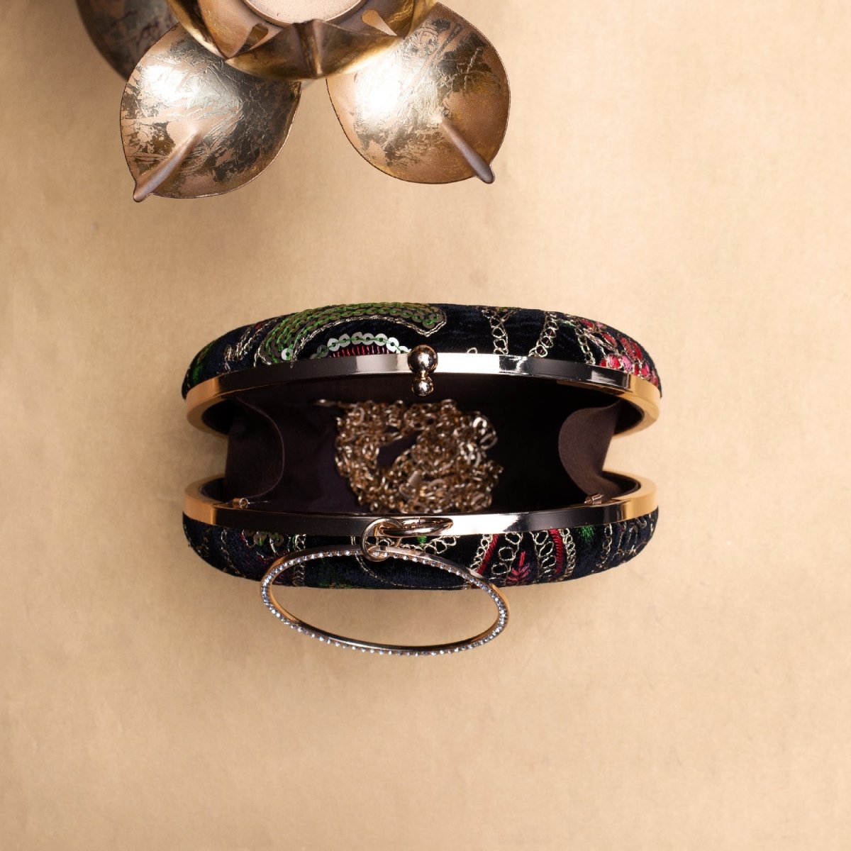 Artklim Black Based Multicolored Threadwork Embroidery Clutch