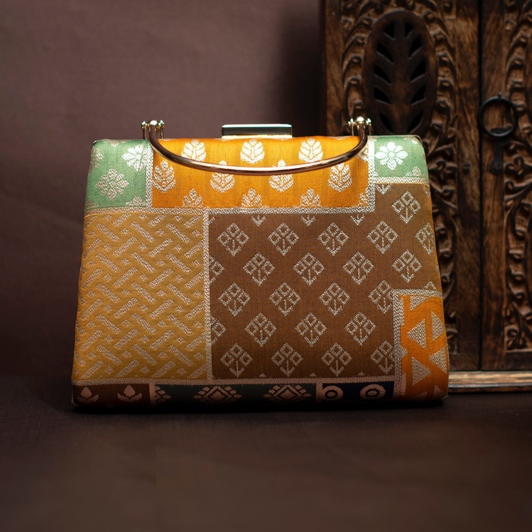 Multipattern Brown Brocade Party Clutch