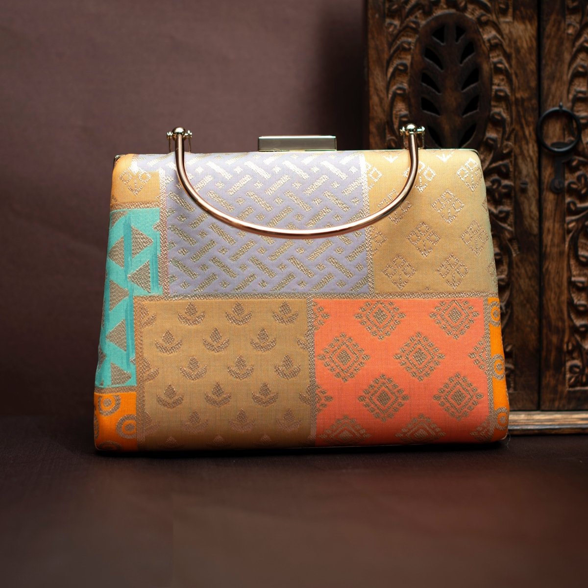 Multipattern Yellow Brocade Party Clutch