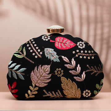 Black Multipattern Embroidery Party Clutch