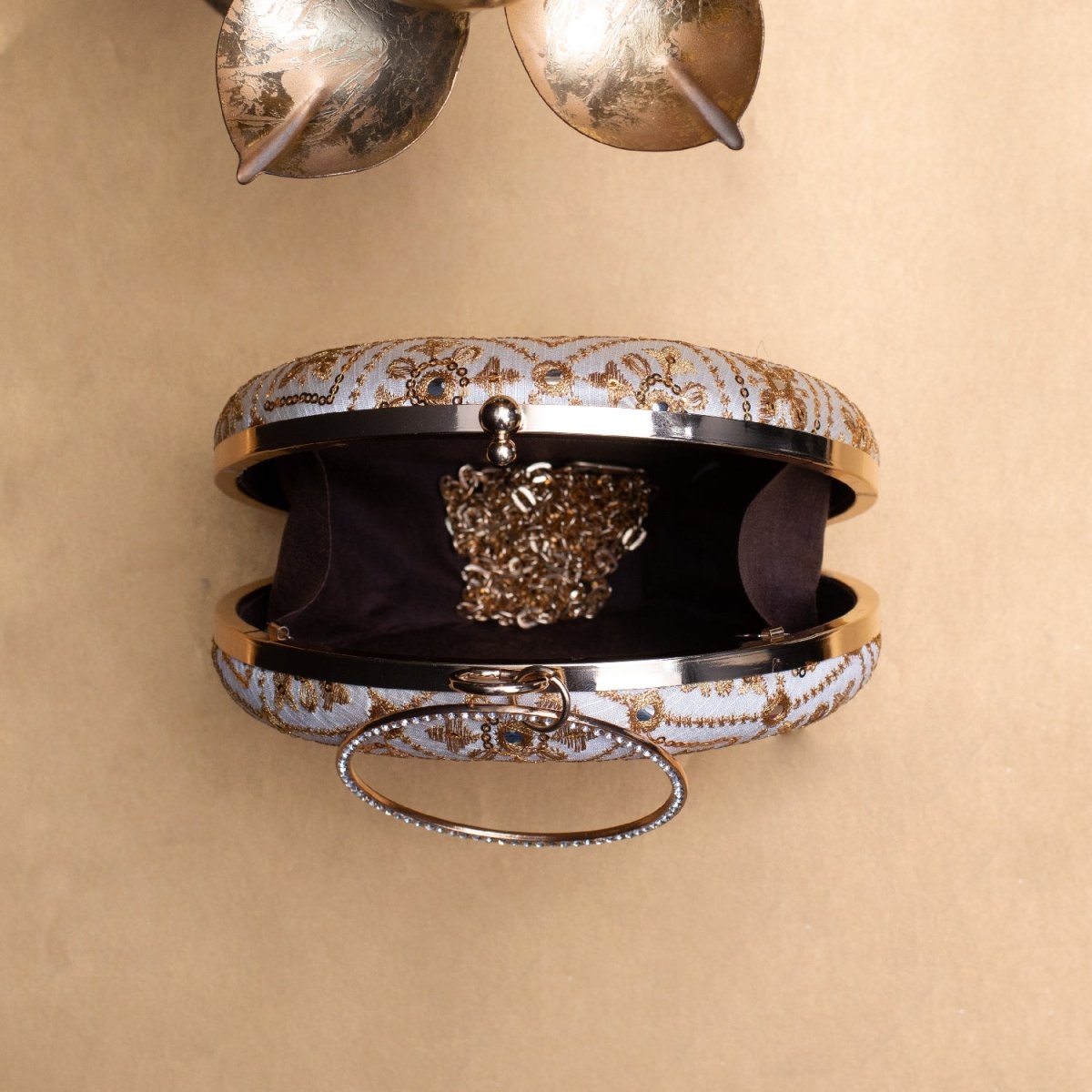 Artklim White Based Golden Threadwork Embroidery Clutch