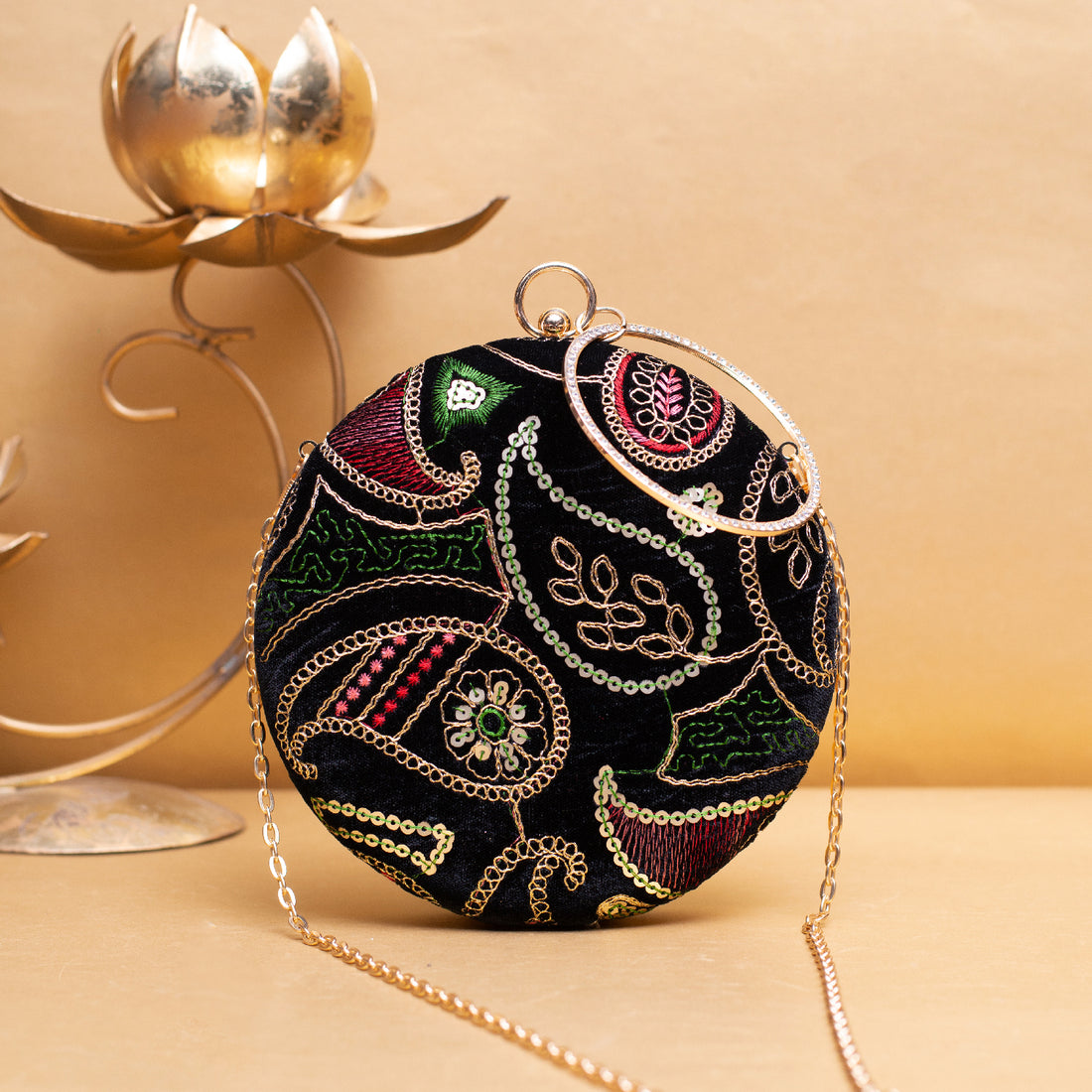 Artklim Black Based Multicolored Threadwork Embroidery Clutch