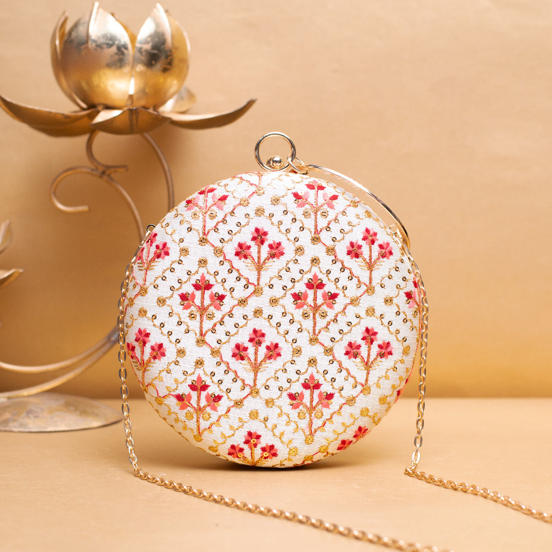 Artklim Off White Based Red And Pink Floral Embroidery Clutch