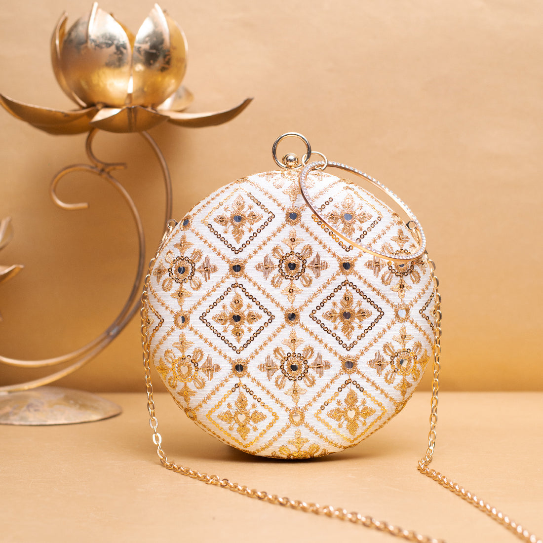 Artklim White Based Golden Threadwork Embroidery Clutch