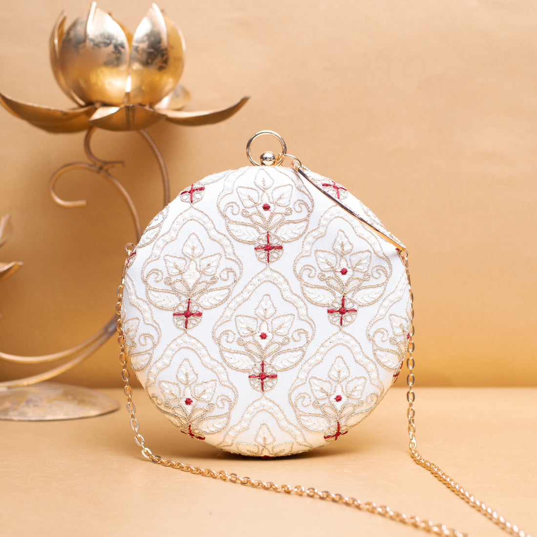 Artklim White Based Golden Zari Embroidery Clutch