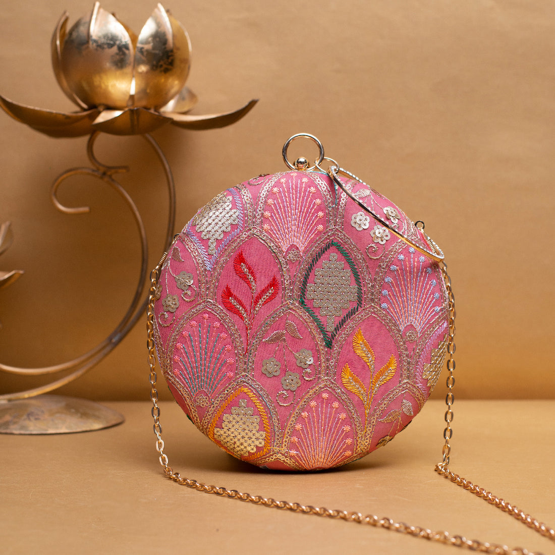 Artklim Pink Based Silver Sequins Embroidery Clutch