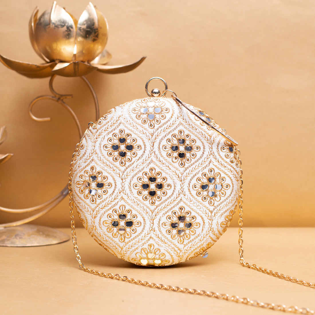 Artklim White Based Golden Threadwork Embroidery Clutch