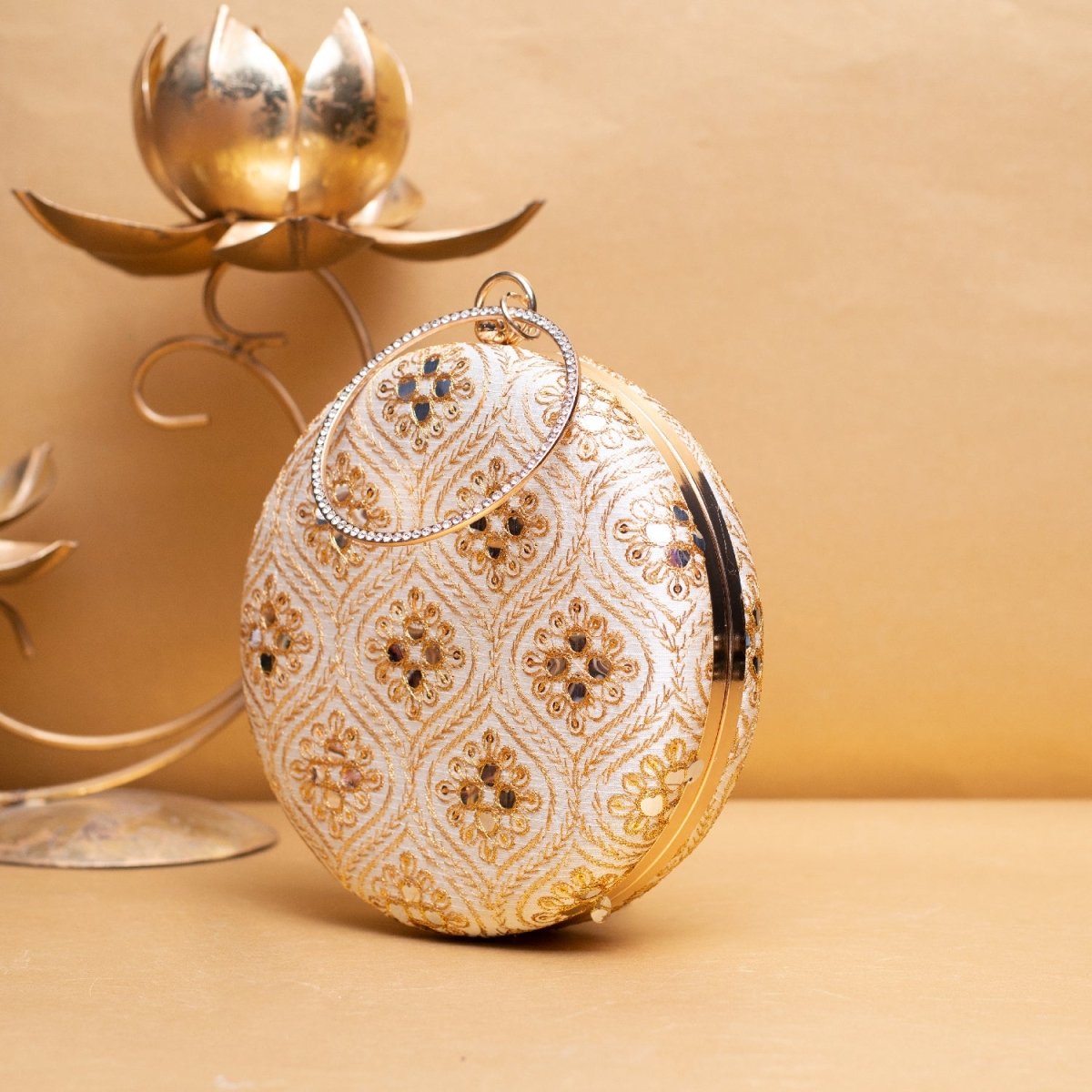 Artklim White Based Golden Threadwork Embroidery Clutch