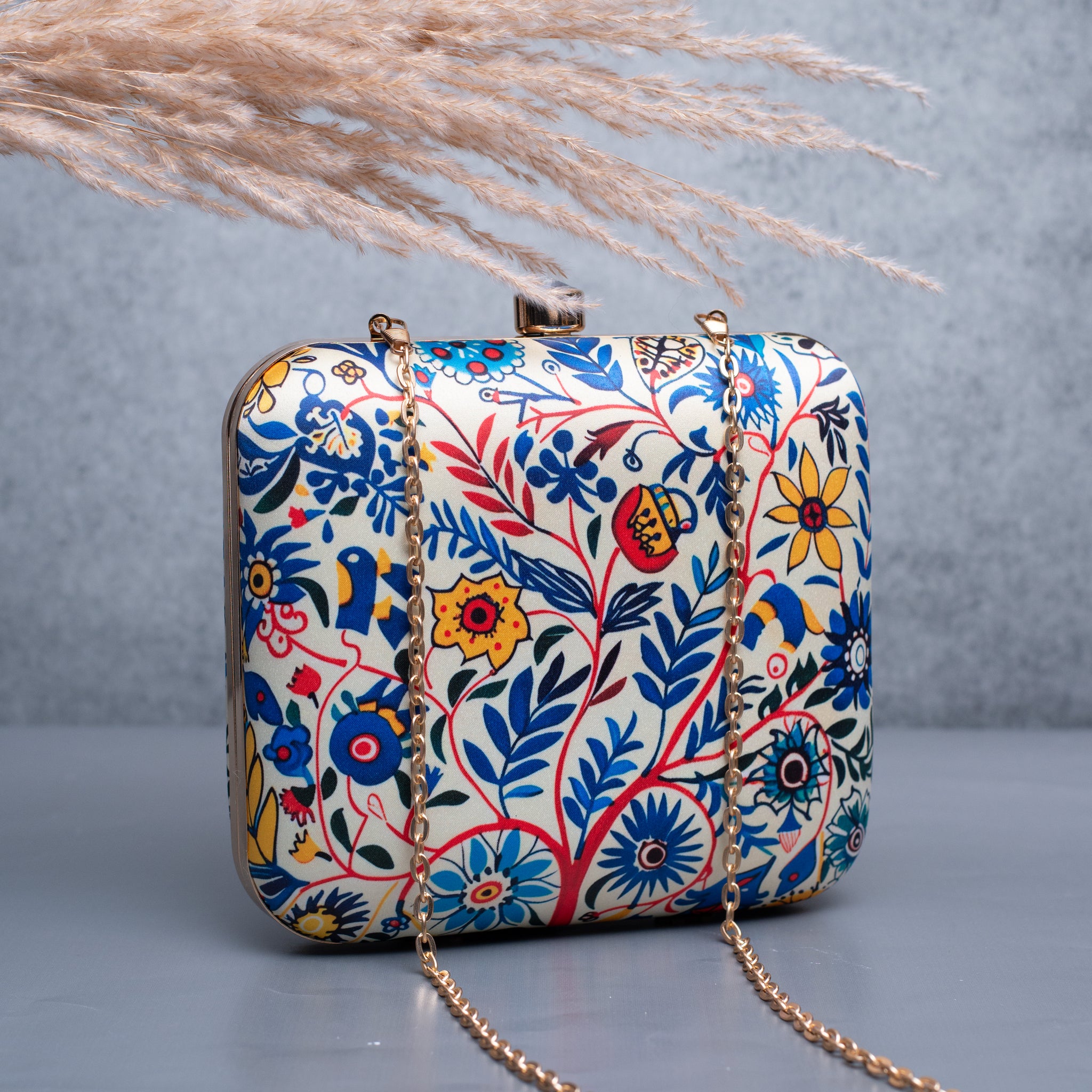 Artklim White Based Blue And Yellow Floral Printed Clutch