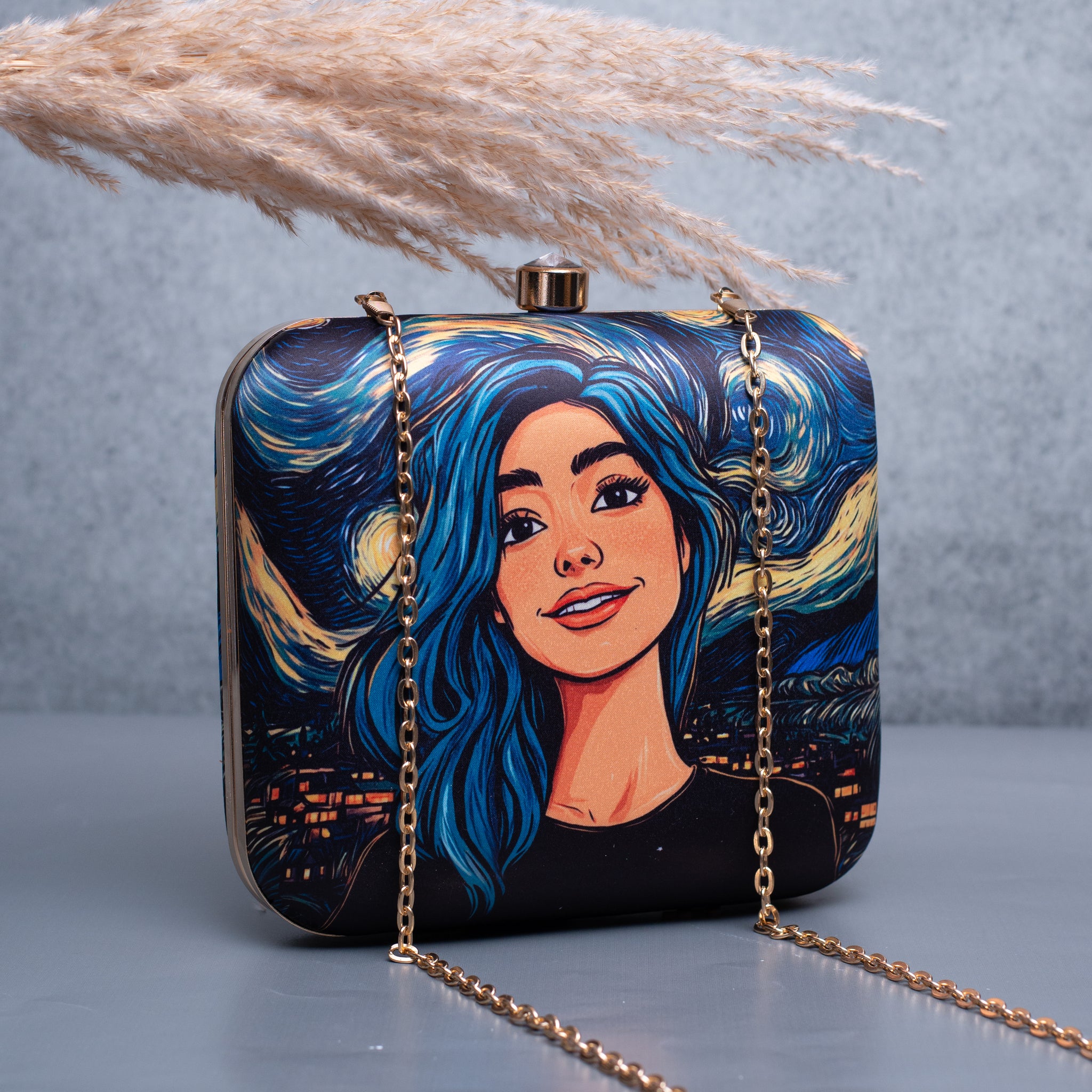 Artklim Blue Hair Girl Portrait Printed Clutch