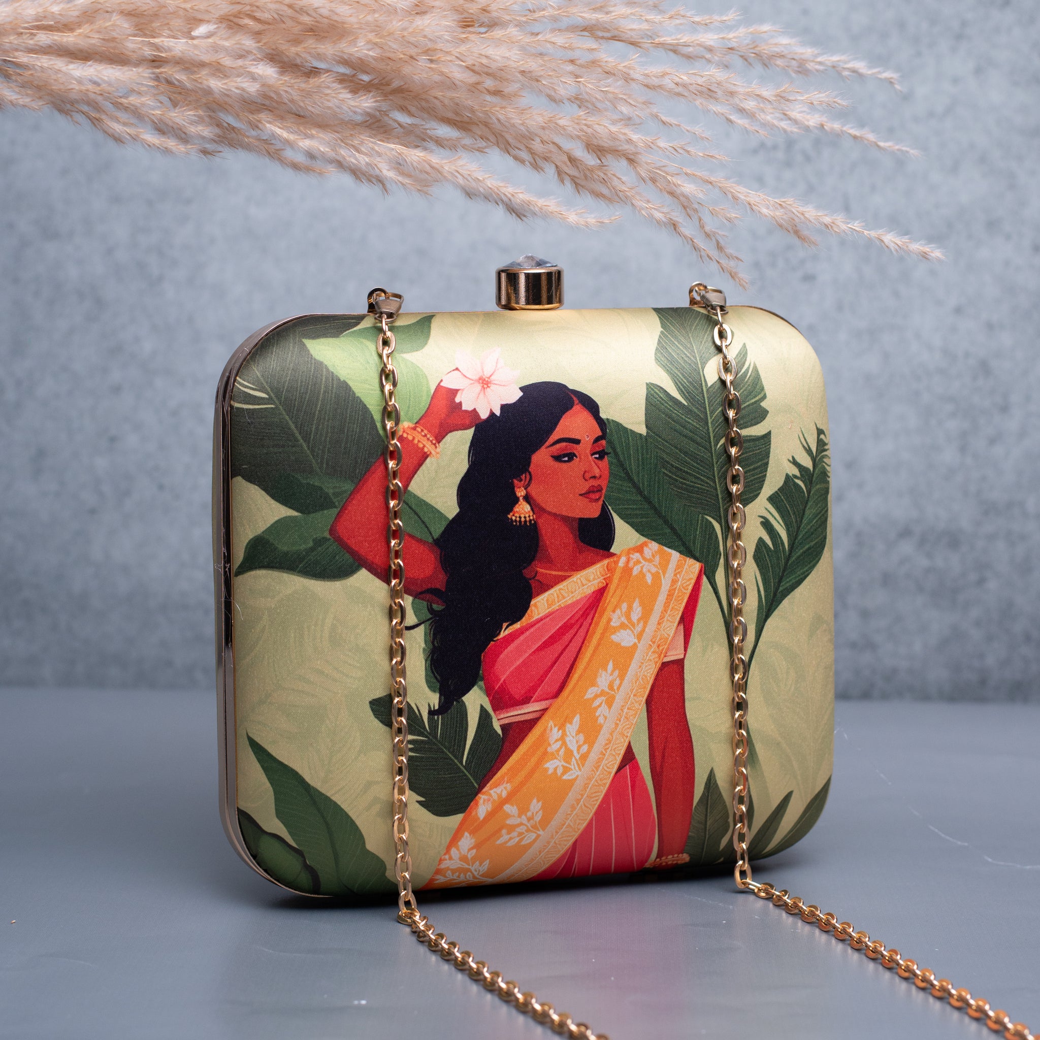 Artklim Green Based Indian Girl Portrait Printed Clutch