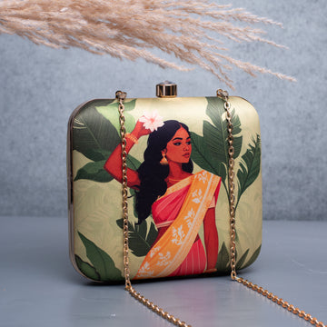 Artklim Green Based Indian Girl Portrait Printed Clutch