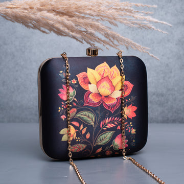 Artklim Black Based Yellow And Red Floral Printed Clutch