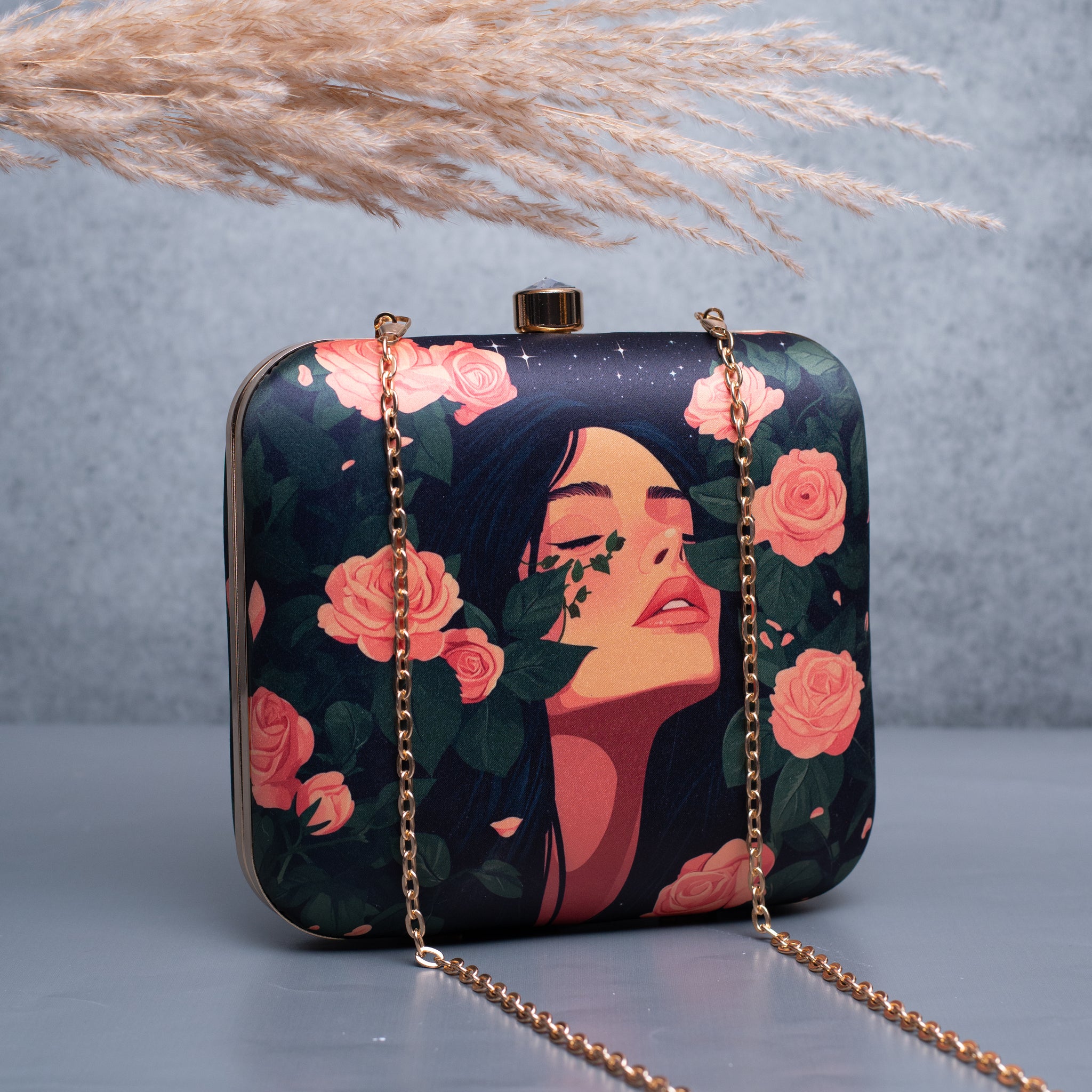 Artklim Rose And Girl Portrait Printed Clutch