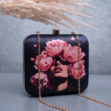 Artklim Black Based Floral Girl Portrait Printed Clutch