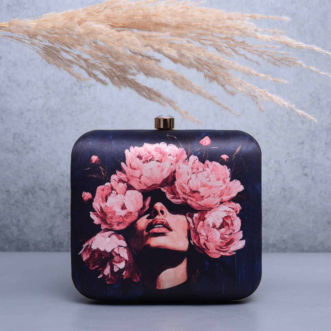 Artklim Black Based Floral Girl Portrait Printed Clutch