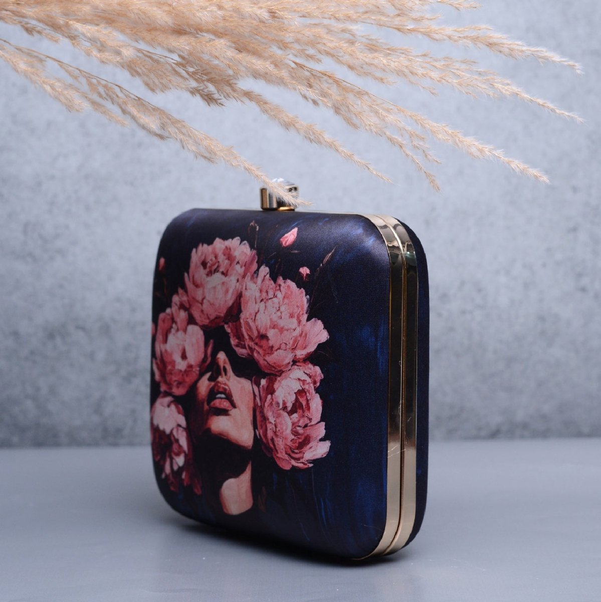 Artklim Black Based Floral Girl Portrait Printed Clutch