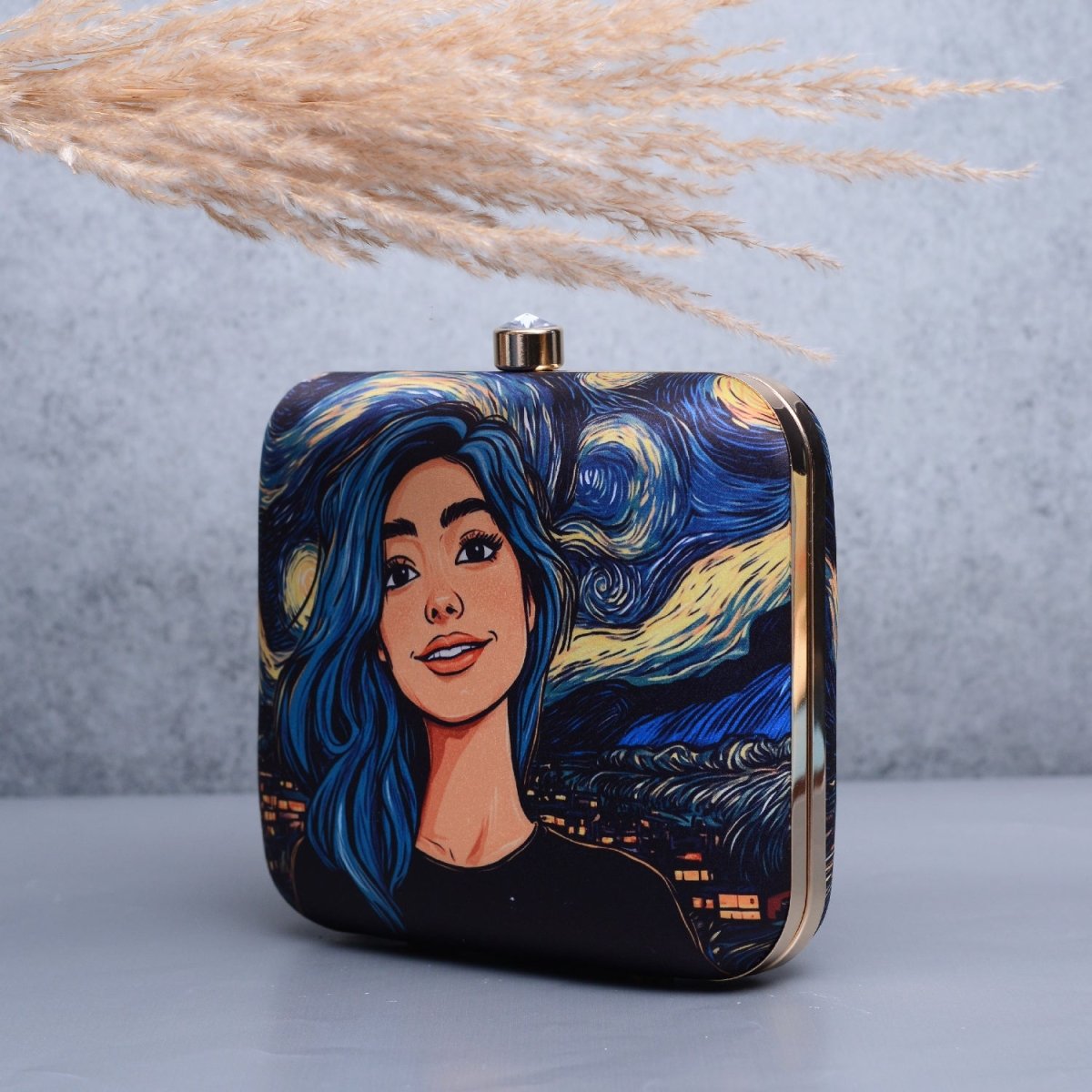 Artklim Blue Hair Girl Portrait Printed Clutch
