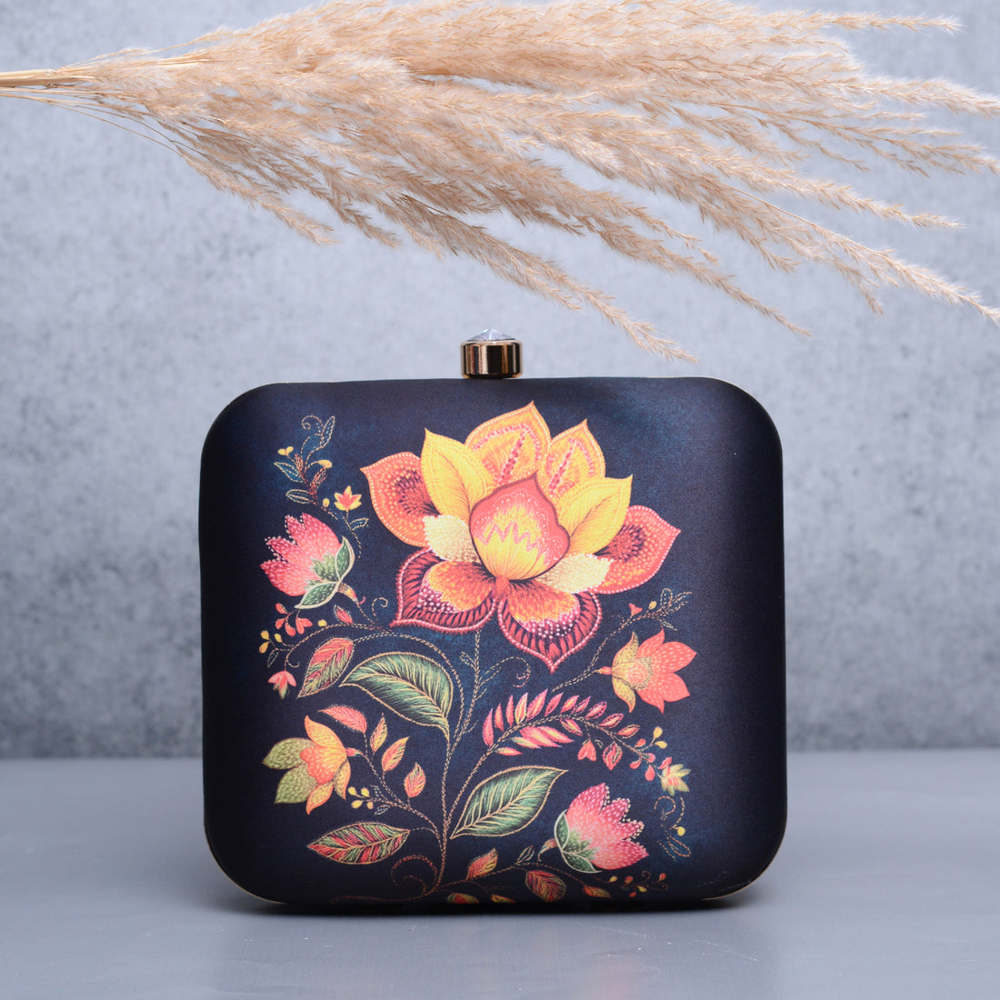 Artklim Black Based Yellow And Red Floral Printed Clutch