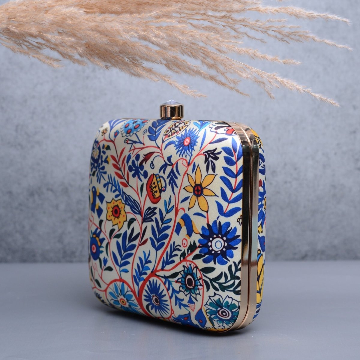 Artklim White Based Blue And Yellow Floral Printed Clutch