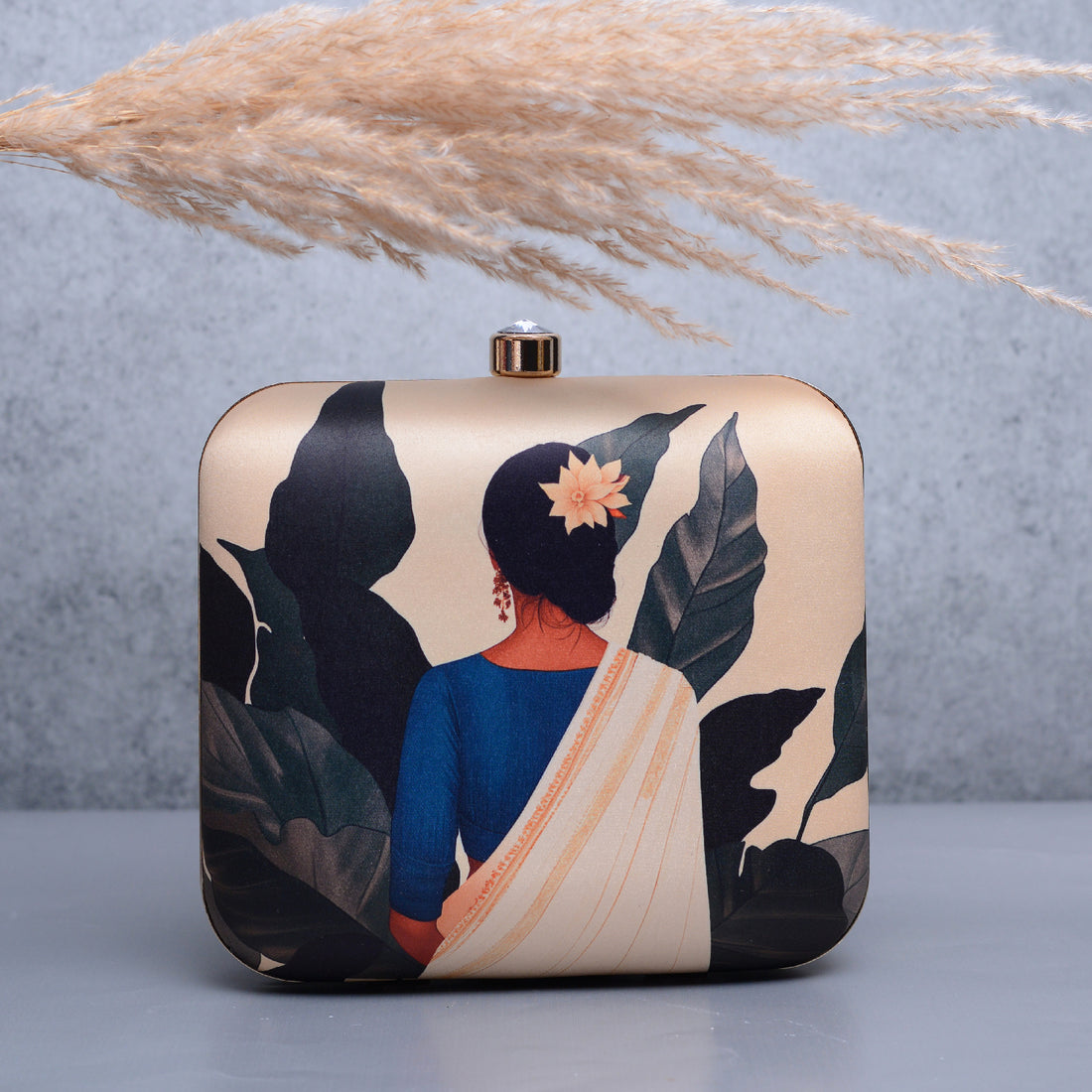 Artklim Beige Based Portrait Of Indian Lady Printed Clutch