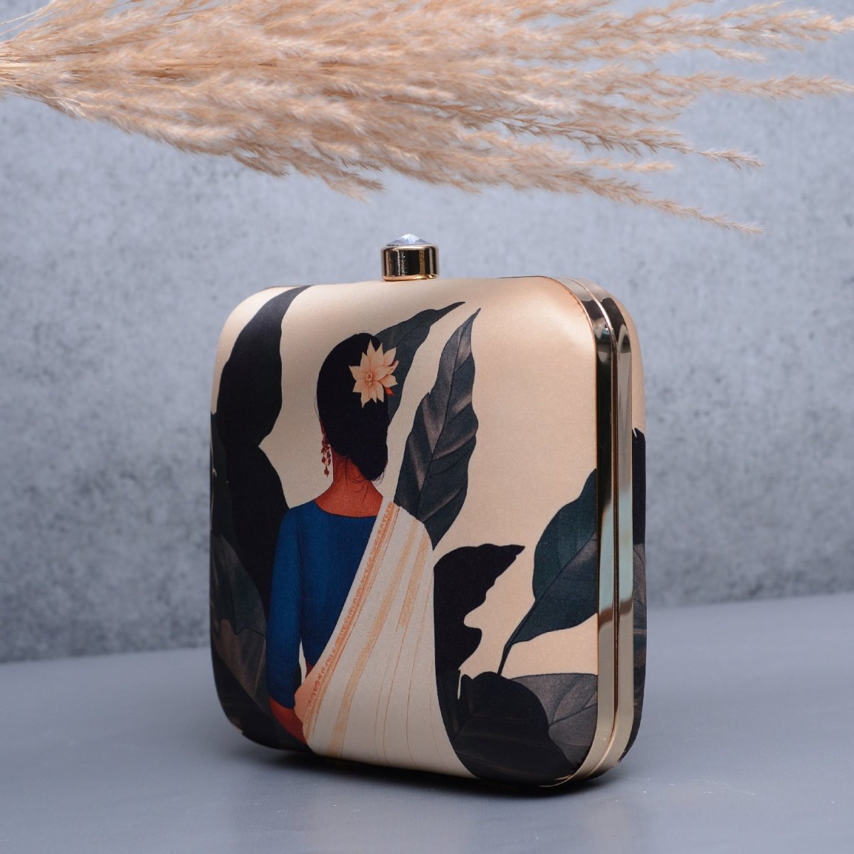 Artklim Beige Based Portrait Of Indian Lady Printed Clutch