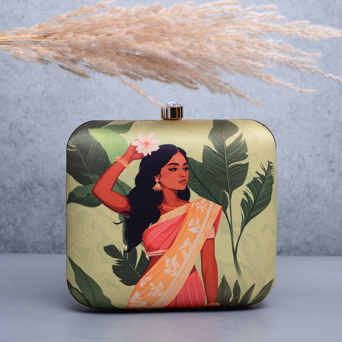 Artklim Green Based Indian Girl Portrait Printed Clutch