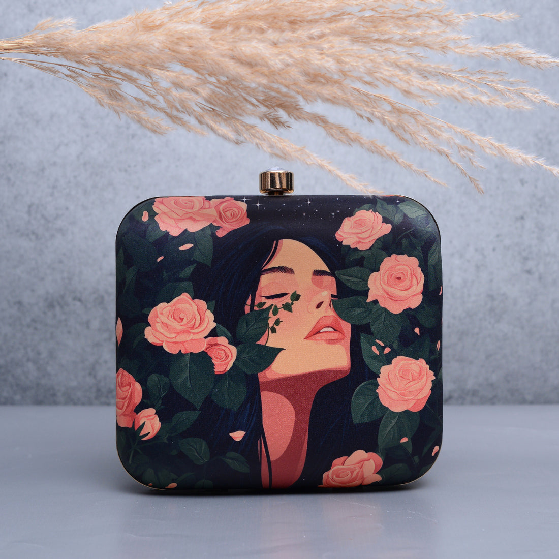 Artklim Rose And Girl Portrait Printed Clutch