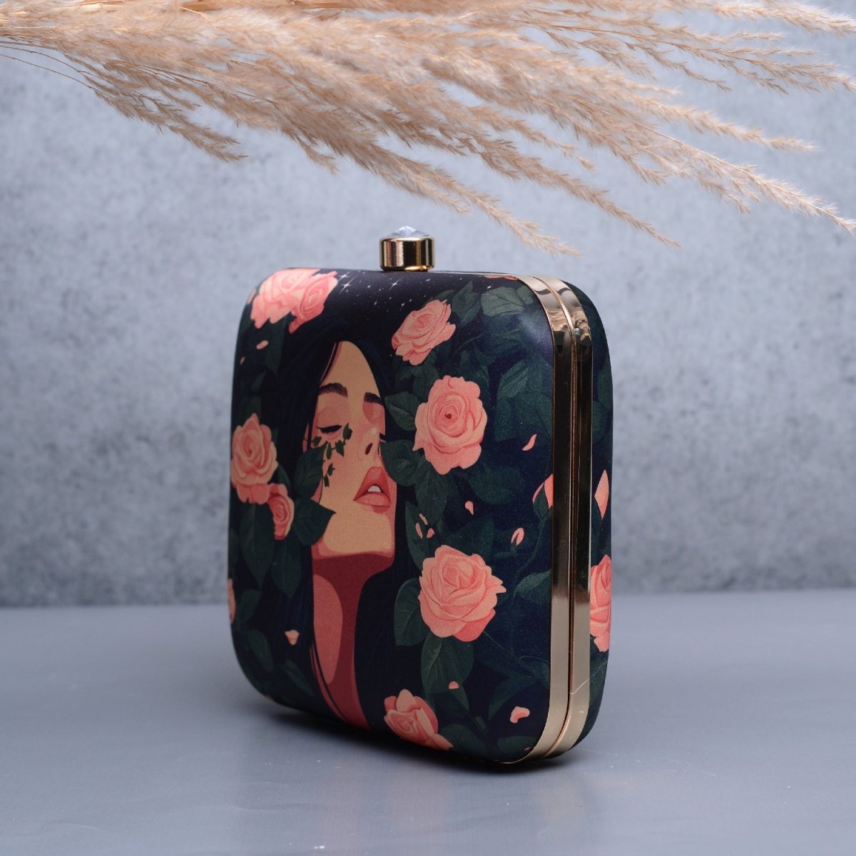 Artklim Rose And Girl Portrait Printed Clutch