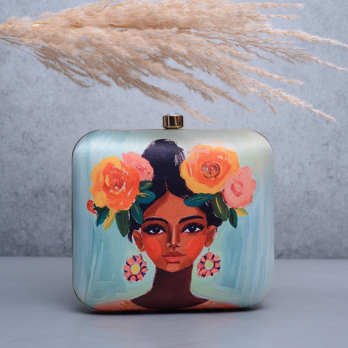 Artklim Light Blue Based Floral Girl Portrait Printed Clutch