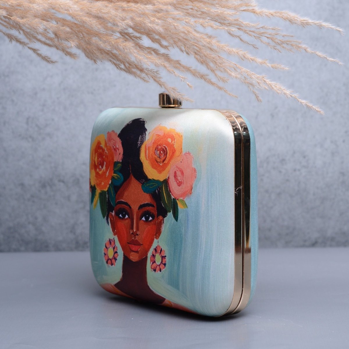 Artklim Light Blue Based Floral Girl Portrait Printed Clutch