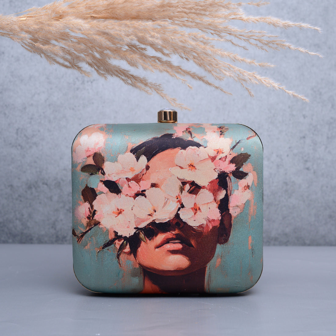 Artklim Marine Green Based Floral Girl Portrait Printed Clutch