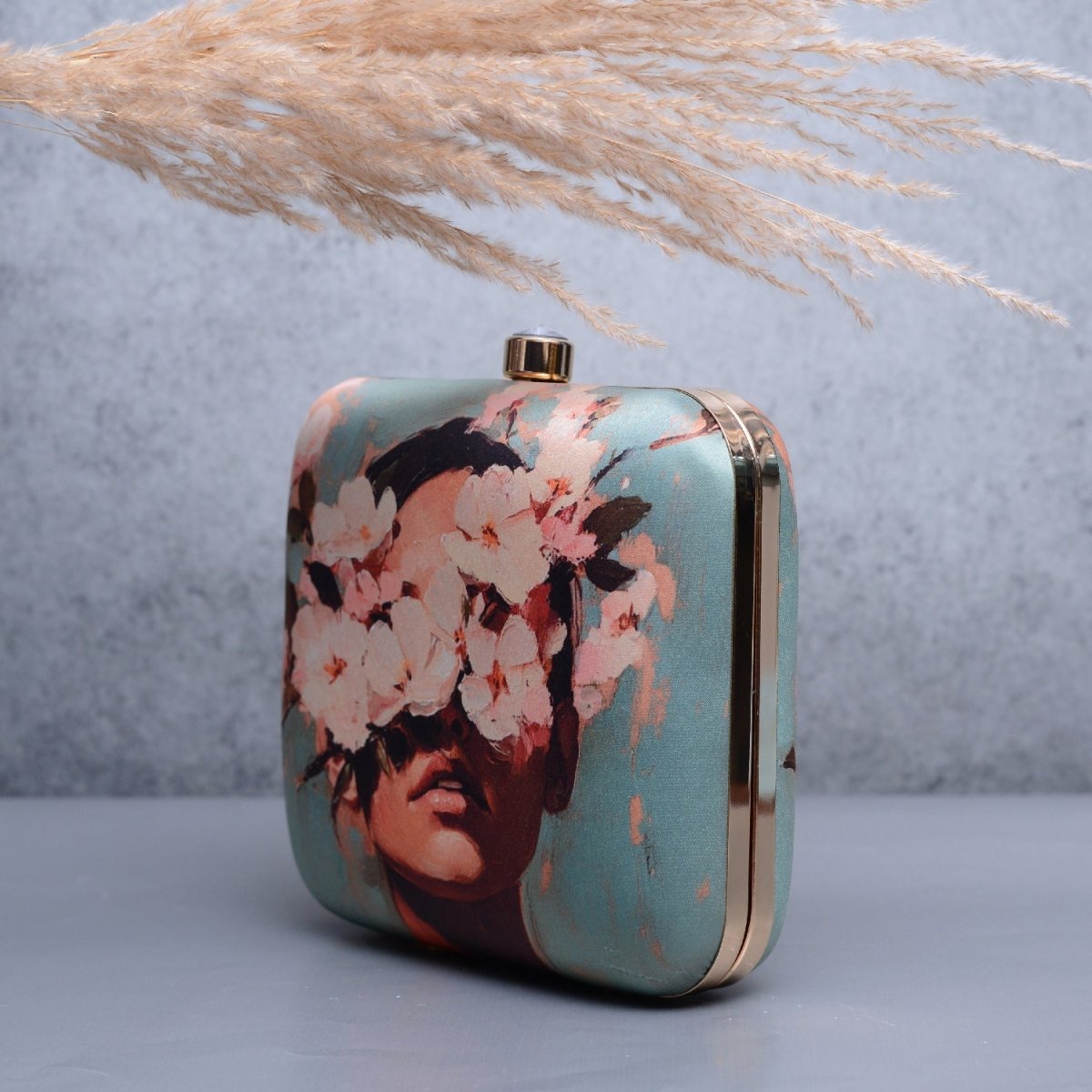 Artklim Marine Green Based Floral Girl Portrait Printed Clutch