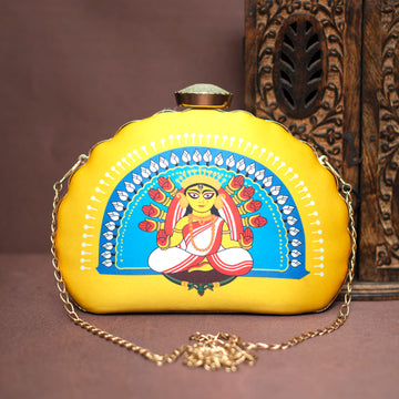 Artklim Yellow And Blue Durga Printed D-shape Clutch